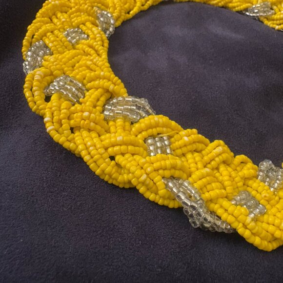 Vintage Hand-beaded-Woven Yellow and Silver-Glass Choker with Silver Hardware - Picture 6 of 11